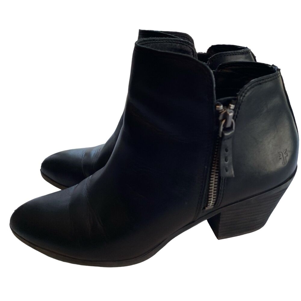 FRYE JUDITH Black Double Zip Leather Stacked Heel Ankle Boots Booties Size 9.5 - Picture 5 of 12